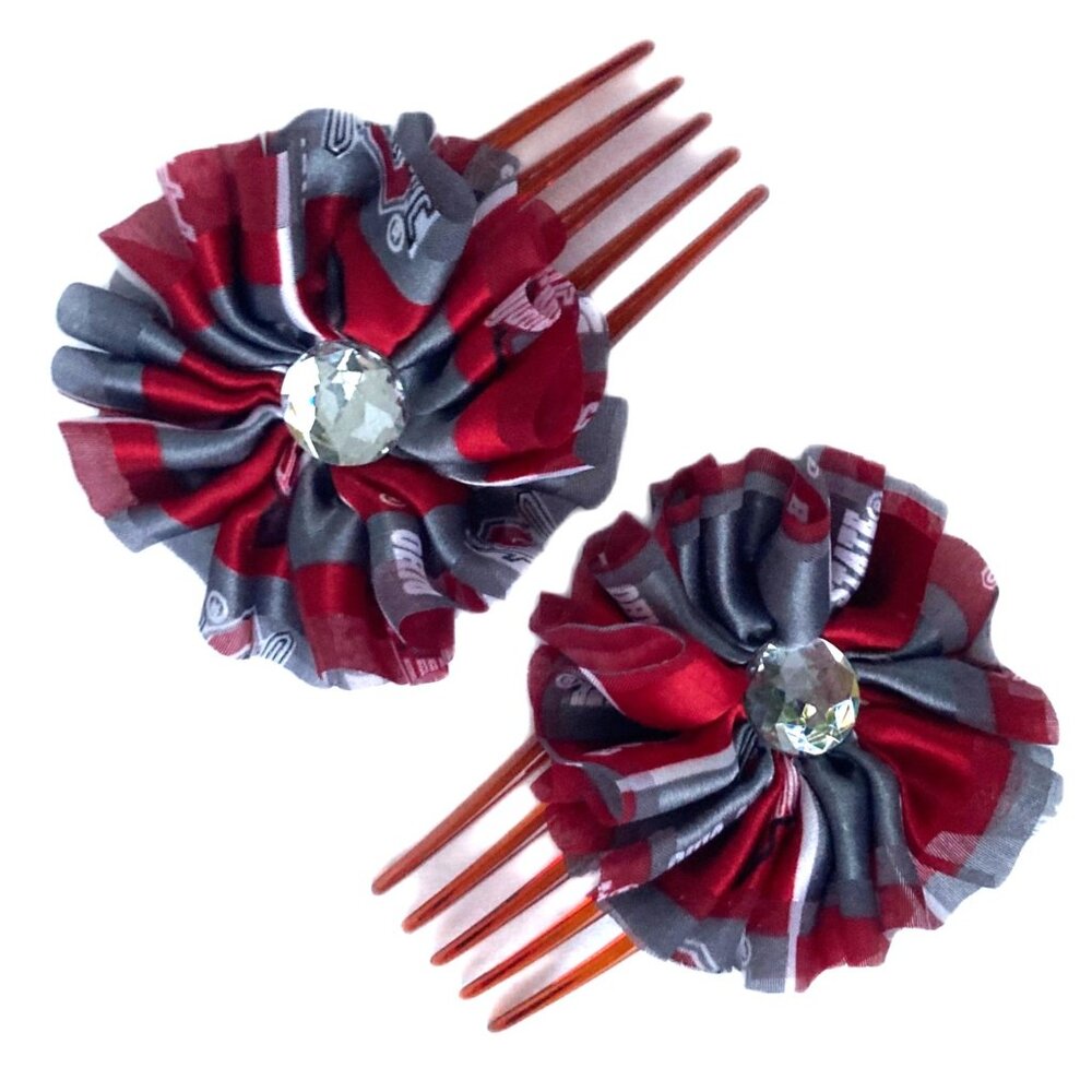 Ohio State University Hair Combs Ribbons Rhinestones, Set of 2 OSU Buckeyes